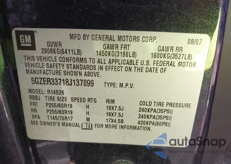 2008 Saturn Outlook Xr from USA, damaged, VIN 5GZER33718J137099